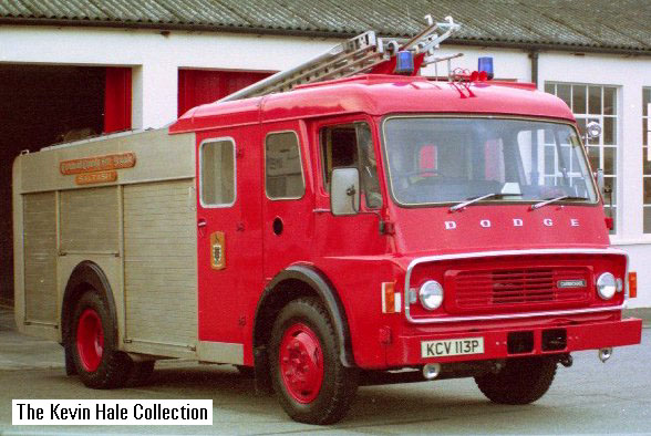 KCV113P - 1975 Dodge K850/Carmichael WrT/L - Picture taken by Kevin Hale at Saltash fire station, Cornwall, 1987.